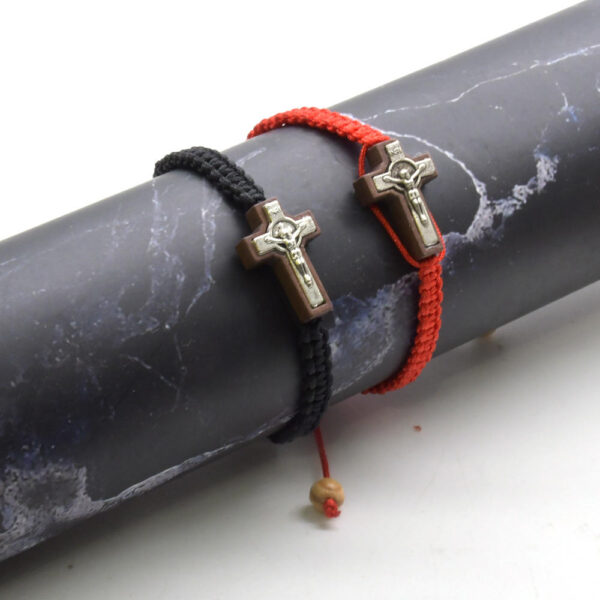 komi alloy red and black rope woven adjustable cross rosary bracelet