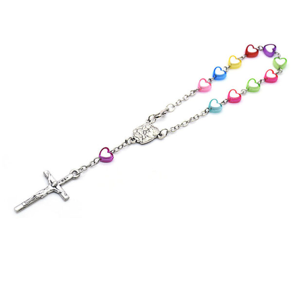 Ha85e65f803da42a99b41d94f08cffad2Z Komi Colorful Heart Shaped Plastic Beads Jesus Cross Pendant Decade Catholic Children Pray Religious Rosary Bracelet