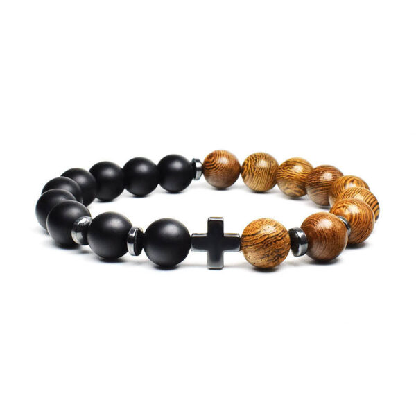 Men's Cross Vintage Bracelet Religious Wooden Frosted Stone Beaded Christian Bracelet