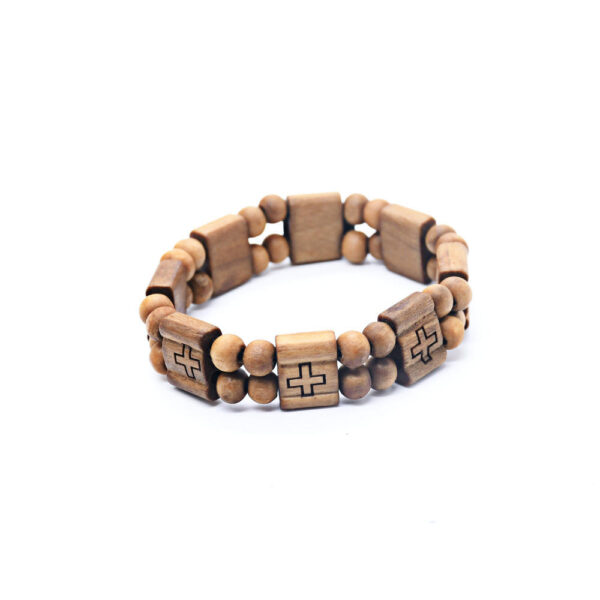 New Design Religious Christian Wooden Beads Elastic Bangle Cross Pendant Wrist Men's Bracelet