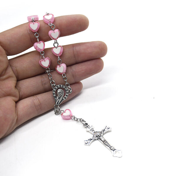 Hb4e4b8b6ea9b444fb0c6fcfd3f3647cff Komi 8mm Christian Plastic Pink Heart Shaped Beads Rosary Crucifix Virgin Mary Pendant Bracelet