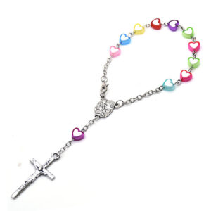 Komi Colorful Heart Shaped Plastic Beads Jesus Cross Pendant Decade Catholic Children Pray Religious Rosary Bracelet