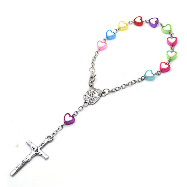 Hccba0e6f9fa14bb7a3c67833dfd65eceY Komi Colorful Heart Shaped Plastic Beads Jesus Cross Pendant Decade Catholic Children Pray Religious Rosary Bracelet