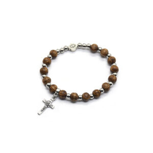 Wholesale Saint Benedict Medal Jesus Alloy Cross Rosary Engraved Brown Wooden Beads Bracelet Religious Jewelry Bracelet