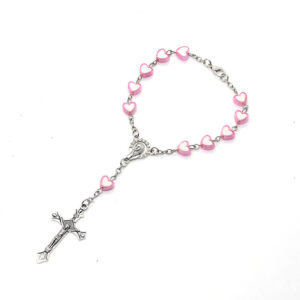 Komi 8mm Christian Plastic Pink Heart Shaped Beads Rosary Crucifix Virgin Mary Pendant Bracelet