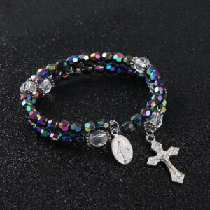 KOMi 6mm Acrylic Colorful Beads Cross Pendant Bracelet Jesus Religious Catholic Charm Rosary Bracelet Jewelry Gift R-181