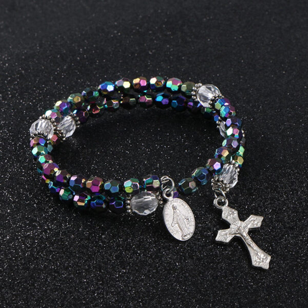 KOMi 6mm Acrylic Colorful Beads Cross Pendant Bracelet Jesus Religious Catholic Charm Rosary Bracelet Jewelry Gift R-181