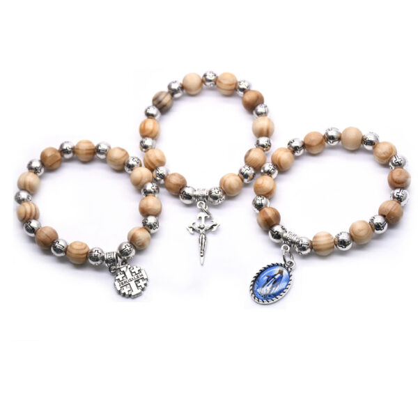 New Design Wooden Bead Macrame Cross Wood Beads Catholic Rosary Bracelet
