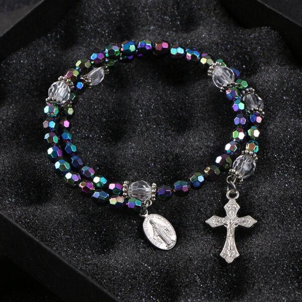 KOMi 6mm Acrylic Colorful Beads Cross Pendant Bracelet Jesus Religious Catholic Charm Rosary Bracelet Jewelry Gift R-181