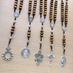 komi handmade wooden beads woven rope alloy jesus cross rosary pendant necklace miracle medal saint benedict jewelry