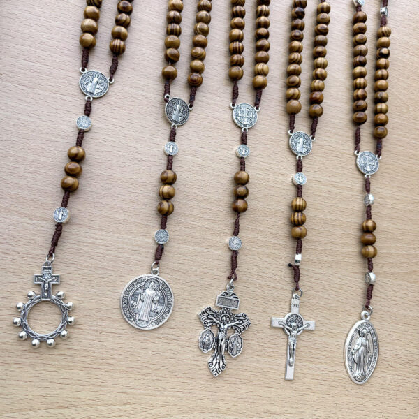 komi handmade wooden beads woven rope alloy jesus cross rosary pendant necklace miracle medal saint benedict jewelry