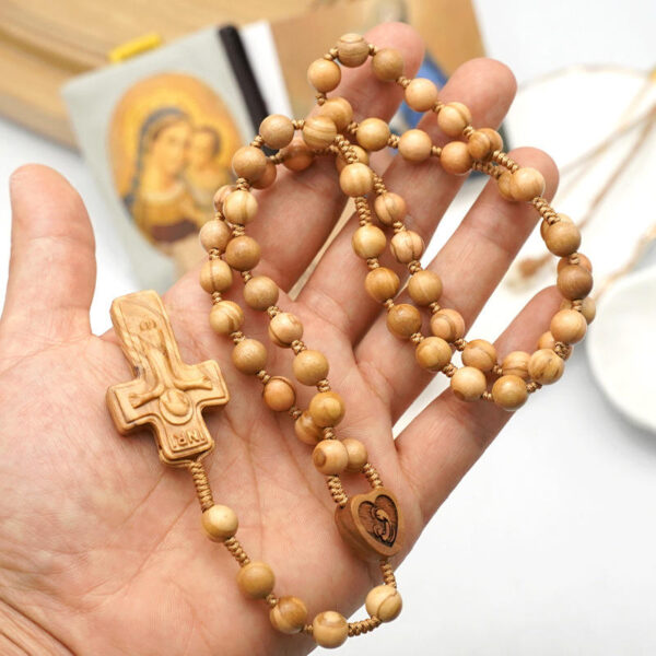komi hot selling rose rosary 7/8mm bracelet with olive wood rope religious jewelry