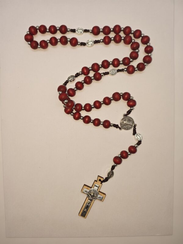 hot selling red wooden beads rosary saint benedict medal center jesus cross religious jewelry necklace bracelet sets