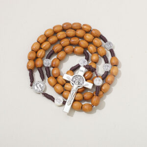2024 Handmade Wooden Rosary Cross Pendant Necklace Weave Round Antique Vintage Catholic Religious Jesus Jewelry Wholesale