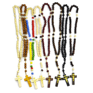 Hot Selling Colored 7*8mm Round Wood Beads Religious Prayer Rosary Cross Pendants Rosary Handmade Woven Catholic Jewelry