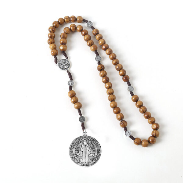 komi handmade wooden beads woven rope alloy jesus cross rosary pendant necklace miracle medal saint benedict jewelry