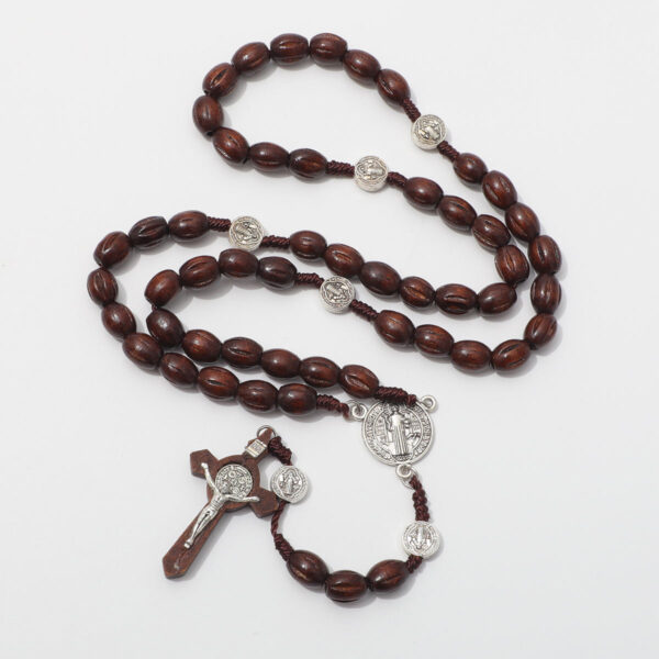 rosary gift prayer 8*10mm engraved wooden beads saint benedict alloy jesus cross necklace beads religious jewelry rn 176