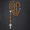 Hot Sale Wooden Rosary Vintage Virgin Mary Center Beads Jesus Cross Pendant Prayer Jewelry Necklace