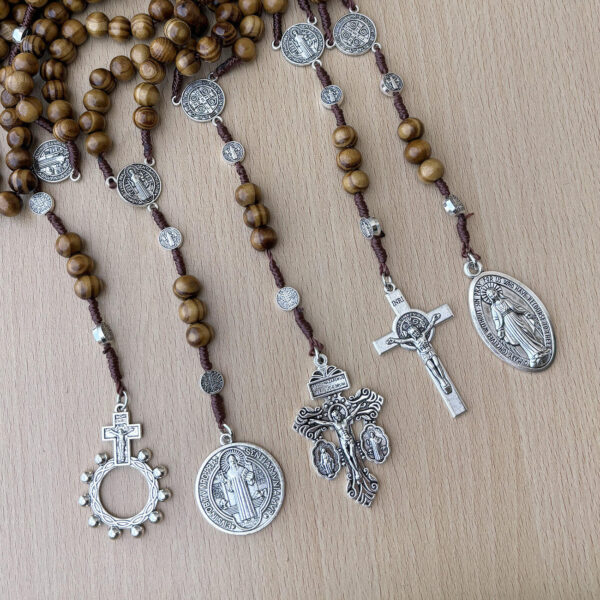 komi handmade wooden beads woven rope alloy jesus cross rosary pendant necklace miracle medal saint benedict jewelry