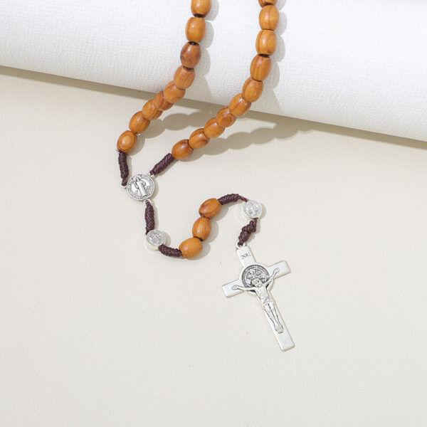 2024 Handmade Wooden Rosary Cross Pendant Necklace Weave Round Antique Vintage Catholic Religious Jesus Jewelry Wholesale