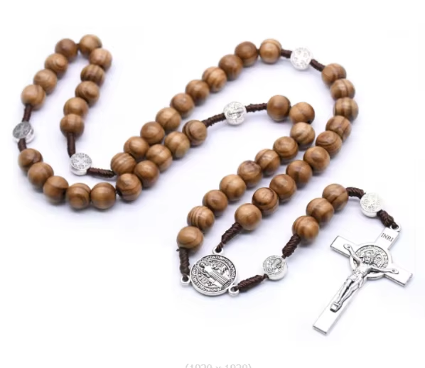 Hot Sale Catholic Brown Wooden Rosary with Soil Jesus Cross Our Lady Alloy Braided Rope Necklace Religious Jewelry Men and Women