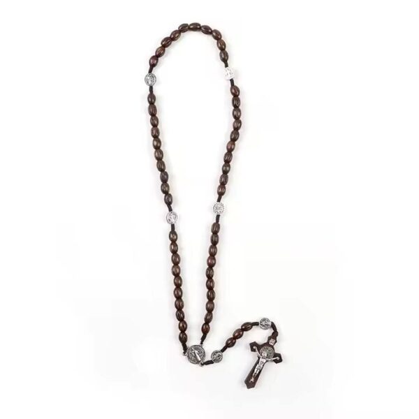 rosary gift prayer 8*10mm engraved wooden beads saint benedict alloy jesus cross necklace beads religious jewelry rn 176