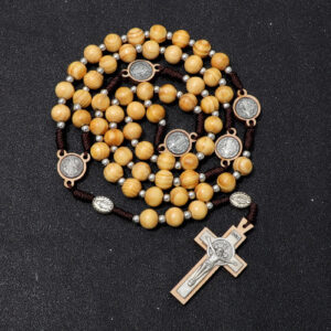 catholic rosary 10mm beads wooden with the medal of st. benedict and the jesus cross rosary necklace religious jewelry