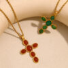 komi cross necklace for women dainty 18k gold plated stainless steel green red beads cross pendant necklace for women jewelry