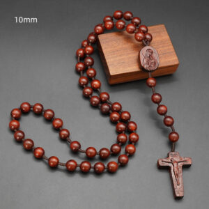 KOMI Rosewood Ebony Beaded Rosary Necklace Virgin Mary Center Crucifix Cross Pendant Necklace Wood Beads Rosary for Religious