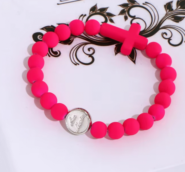 Komi Handmade Rosary Bracelet Elastic Cross Bracelet Colorful Acrylic Beads Catholic Saints Prayer Religious Jesus Bracelets