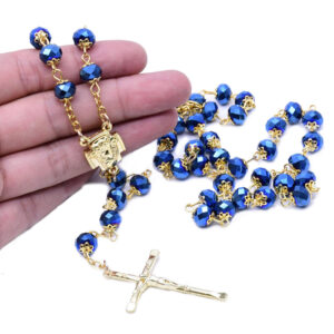 KOMI Catholic Rosary Beaded Necklace for Men Gold 4x6mm Black Crystal Beads Rosary Crucifix Cross Pendant Necklaces for Women