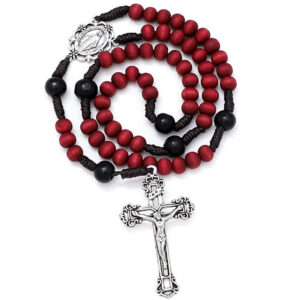 KOMI Handmade Red Wooden Beads Rosary Necklace for Men Women Crucifix Cross Pendant Necklaces Religious Faith Gifts