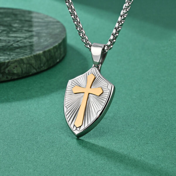 037dfaca7fcdf10bff9ad76cca55076b_Hd16950509208454eaf68a7d38b252e4eR_avif=close&webp=close KOMI Mens Cross Necklace Silver Stainless Steel Shield Armor with Black Gold Cross Pendant Necklace for Men Box Chain 24 Inch