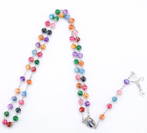 2024 Hot Sell Rosary Glass Color Beads Jesus Cross Christ Maria Stock Necklace for Pray