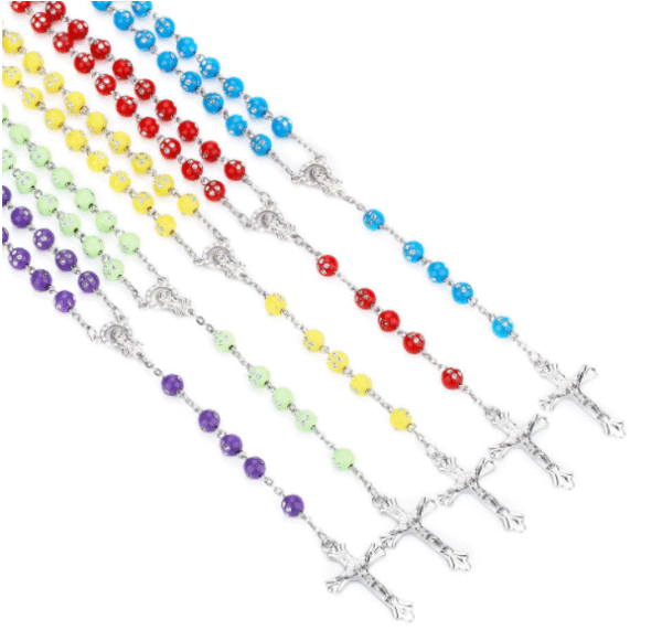 2024 Hot Sell Rosary Acrylic Color Beads with Water Crystal Jesus Cross Christ Maria Stock Necklace for Pray