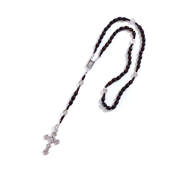 KOMi Christ Wooden Beads 6*8mm Rosary Bead Cross Pendant Necklaces Woven Rope Chain Necklace Religious Jewelry Accessories