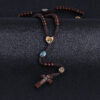 Komi Wooden Beads Pattern Cord Rosary Necklace St Benedict Medal Jesus Cross Pendant Necklace Catholic Religious Jewelry