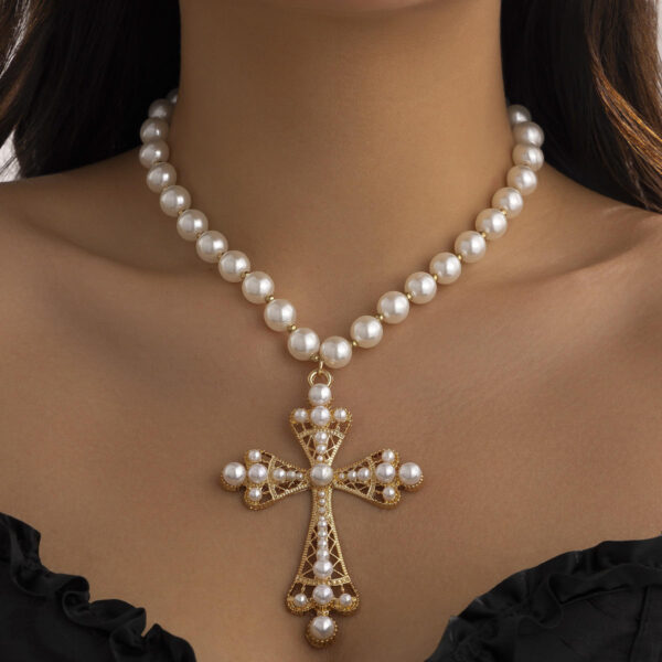 KOMI Womens Silver Gold Exaggerated Large Pearl Cross Pendant Necklace for Women Girls with 17.7" Pearl Beaded Chain Necklaces