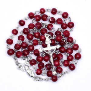 Komi Wholesale Catholic 6 mm Red Glass Beads Alloy Crucifix Pendant Virgin Mary Centerpiece Rosary Necklace
