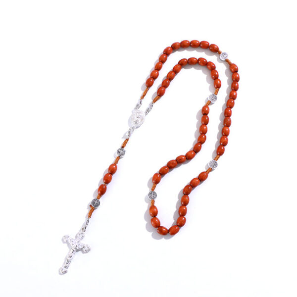 2024 KOMi Christ Wooden Beads Rosary Bead Cross Pendant Woven Rope Chain Necklace Religious Jewelry Accessories