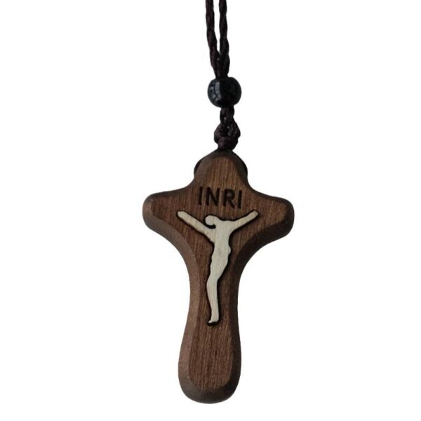 KOMI Hot Selling Wooden Cross Inlaid Metal Jesus Pendant Necklaces Wax Rope Drop with Wood Cross Necklaces for Men Women Gifts