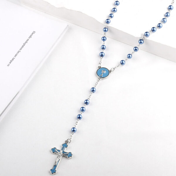KOMI Imitation Pearls Rosary Beads Necklace for Women Lake Blue Royal Pink Pearl Beaded Necklace Enamel Cross Pendant Necklaces