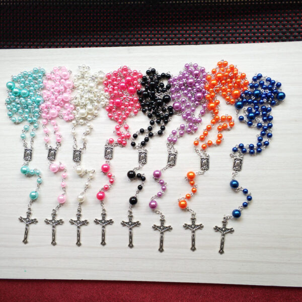Komi Pearl Multi Colourful Rose Bead Our Lady of Lourdes Virgin Mary Medals Necklaces Religious Cross Prayer Rosary Necklace