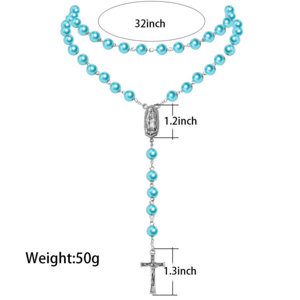 KOMI Catholic Pink Purple White Blue Pearl Necklaces Pearl Beads Rosary Necklace with Virgin Mary Medal & Cross Fashion Jewelry