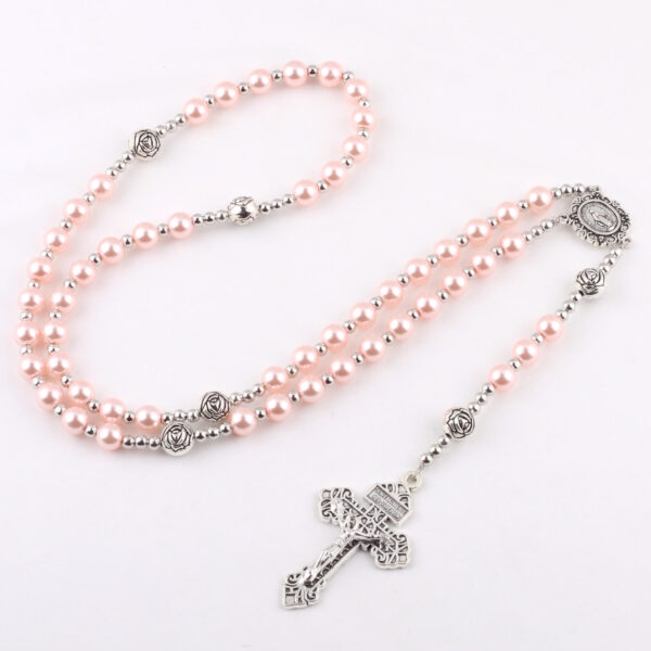 KOMI Women 8mm Purple Pink Pearl Glass Rosary Beads Imitation Pearl Beads Silver Rose Beaded Rosary Cross Pendant Necklaces Gift
