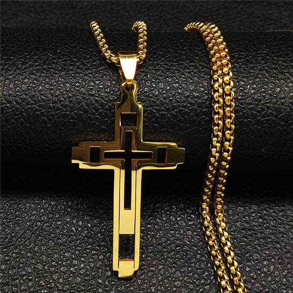 Komi 2023 New Stainless Steel Religious Hollow Cross Men's Necklace Gold Silver Black Men's Necklace Jewelry Wholesale