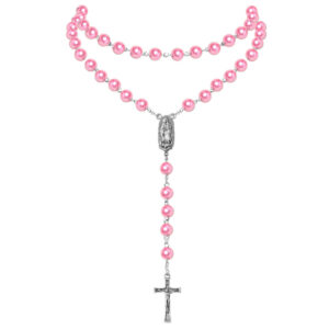 KOMI Catholic Pink Purple White Blue Pearl Necklaces Pearl Beads Rosary Necklace with Virgin Mary Medal & Cross Fashion Jewelry