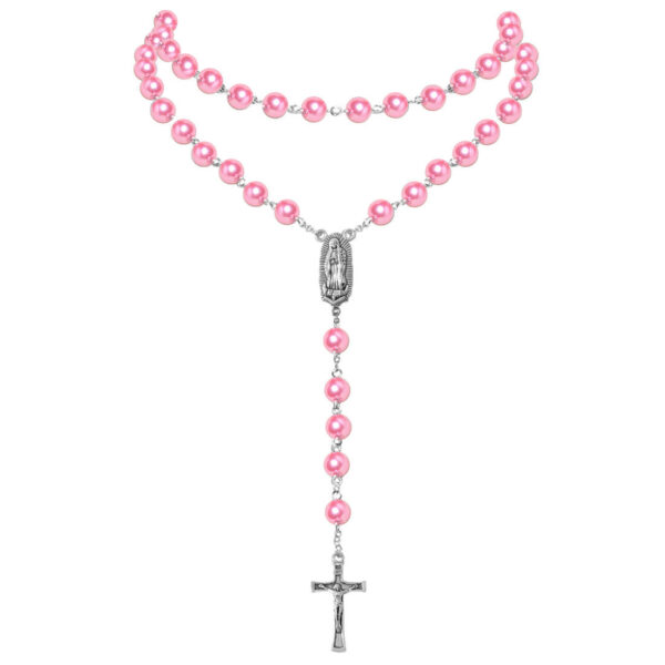 KOMI Catholic Pink Purple White Blue Pearl Necklaces Pearl Beads Rosary Necklace with Virgin Mary Medal & Cross Fashion Jewelry