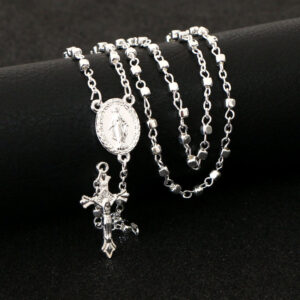 Religious Rosary Beads Chain Stainless Steel Christian Cross Pendant Necklace for Women Charm Jewelry Gifts