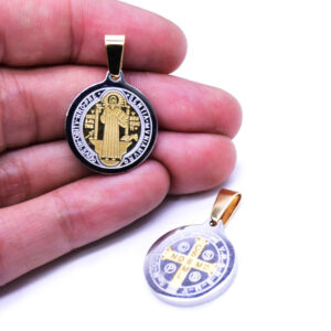 High Grade Stainless Steel St. Benedict Two Tone Round Pendant Cross Necklace Accessory St.Benedict